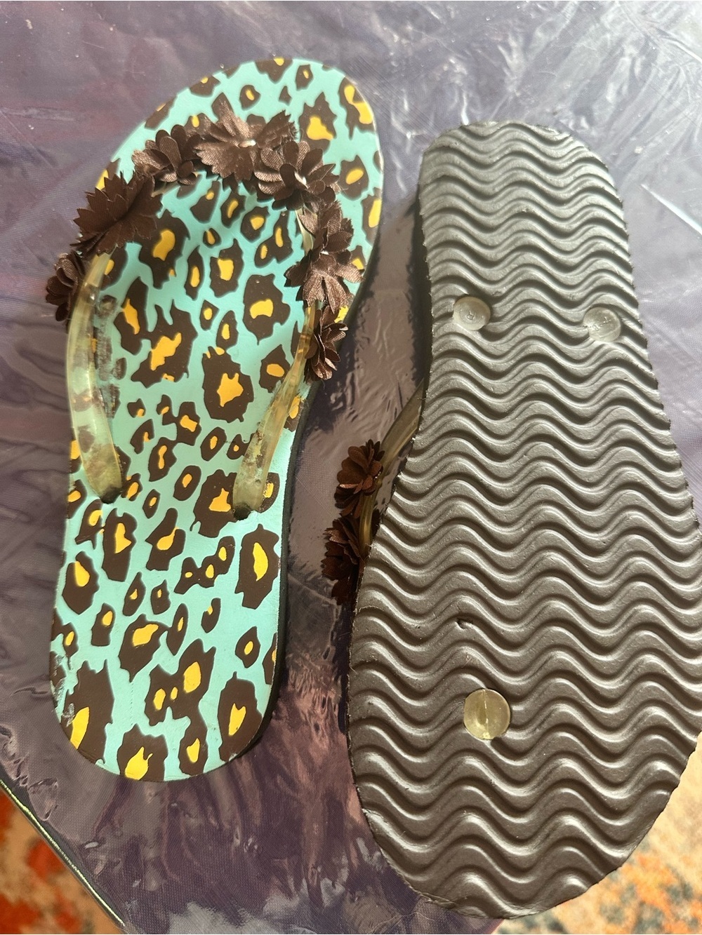 Leopard Print Flip Flops - Turquoise & Brown with brown ruffle flowers